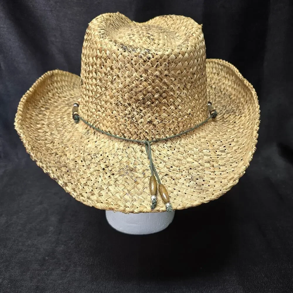 Bio Domes Headgear Tan Straw Wide Brim Cowboy Hat Beaded Country Decor One Size